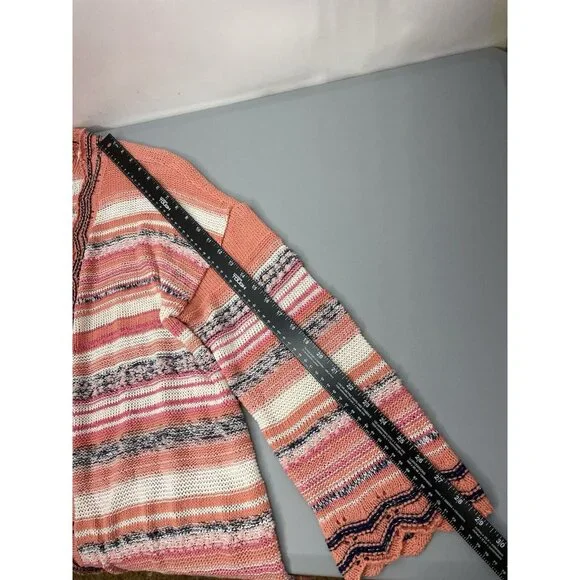 Soft Surroundings Cardigan Sweater Open Front Tunic Stripes Coral Pink Womens L - Picture 9 of 9